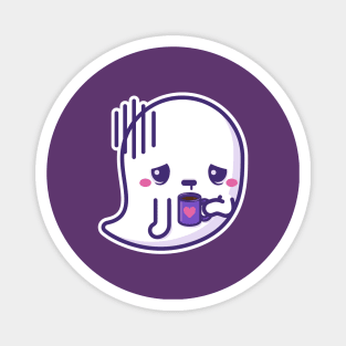 Tired kawaii ghost with coffee cup - white outline Magnet